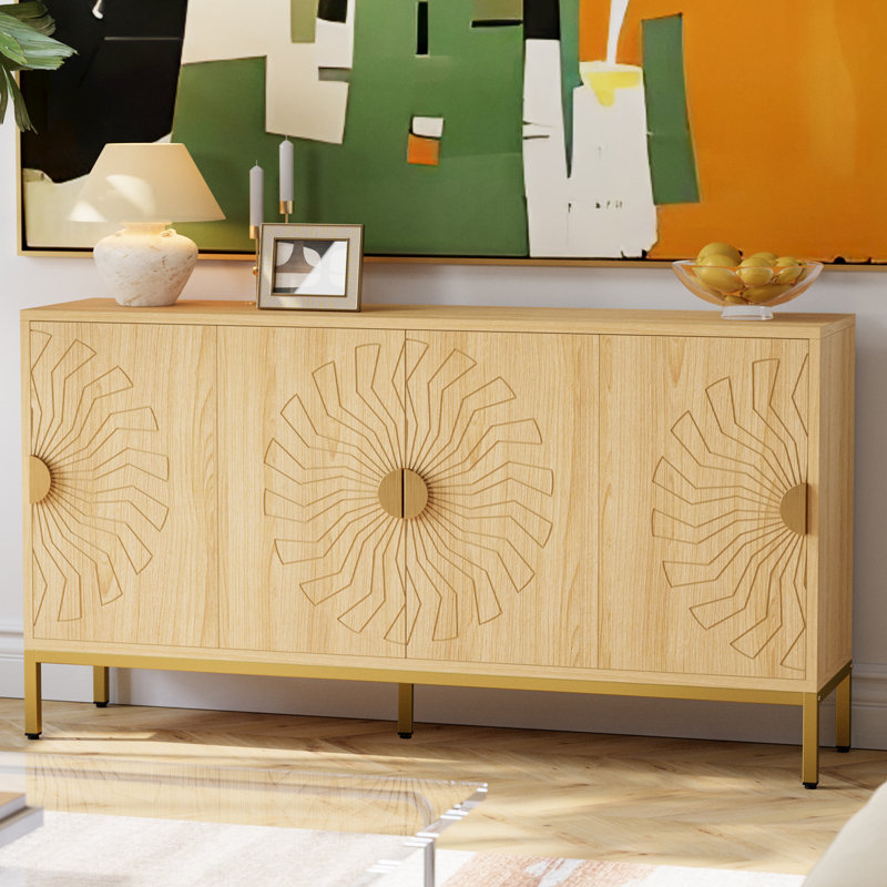 55" Light Brown Sunflower Pattern Sideboard Buffet Cabinet with Metal Base