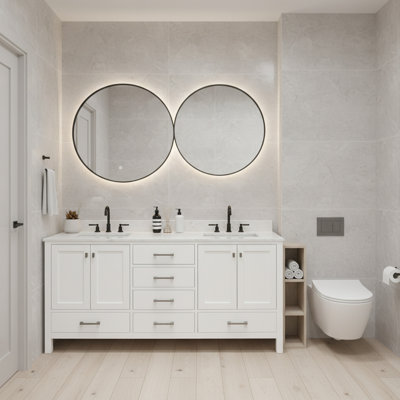 72'' Freestanding Bathroom Storage Cabinet, Solid Wood, White Sink, Streamlined Design 72-Inch Vanity, Frame, 2 Basin White, Easy Installation