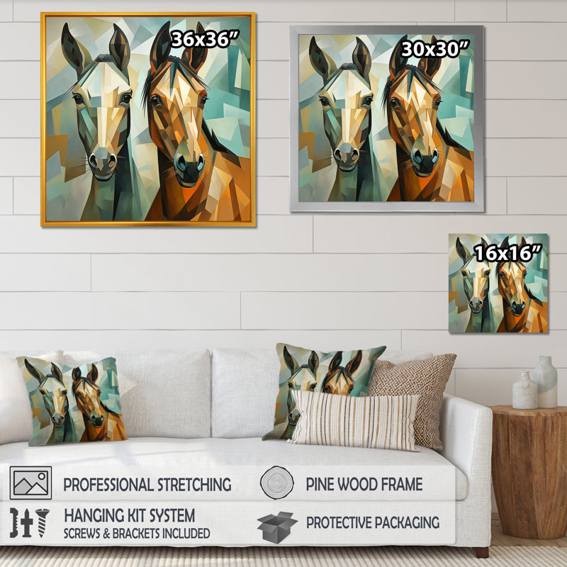 Couple cubique de chevaux verts et bruns - Art mural cheval, Cadre flottant doré, H 30 po x l 30 po x P 1,5 po