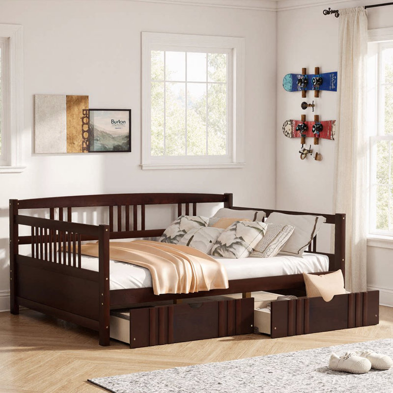 Full Size Espresso Solid Pine Wood Daybed with 2 Storage Drawers - Space-Saving Sleeper Sofa, Espresso, Full