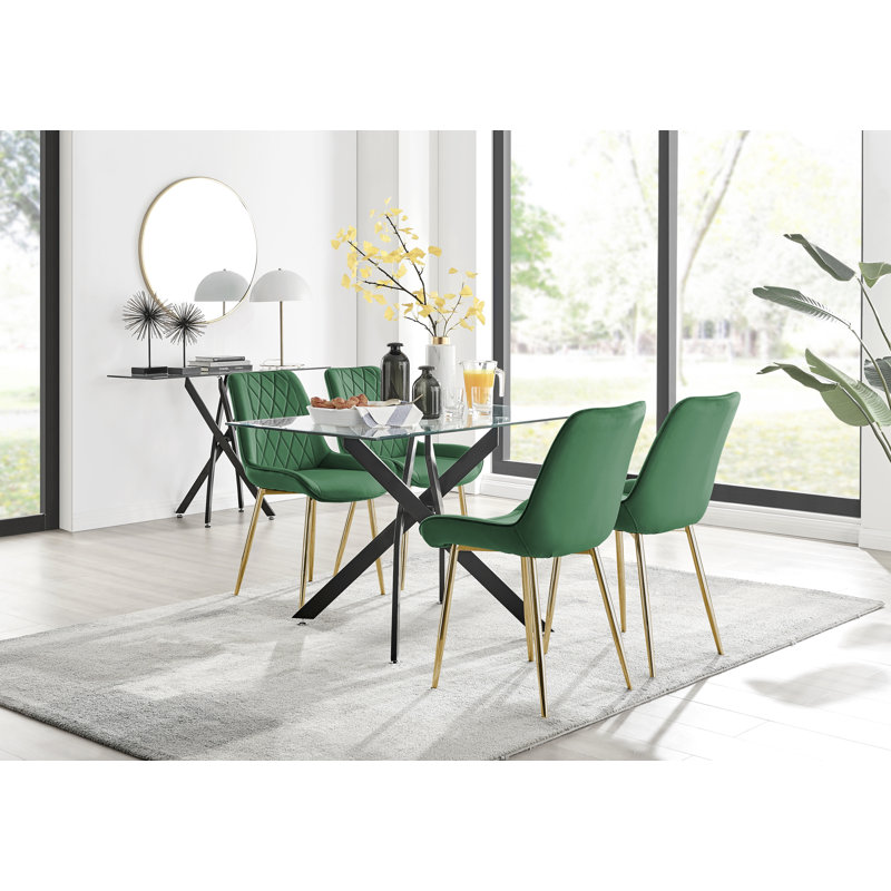 Ensemble de table de salle à manger moderne en métal et verre avec 4 chaises rembourrées en velours Lenworth, Vert/doré