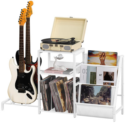 Record Player Stand with Vinyl Storage and Adjustable Guitar Rack