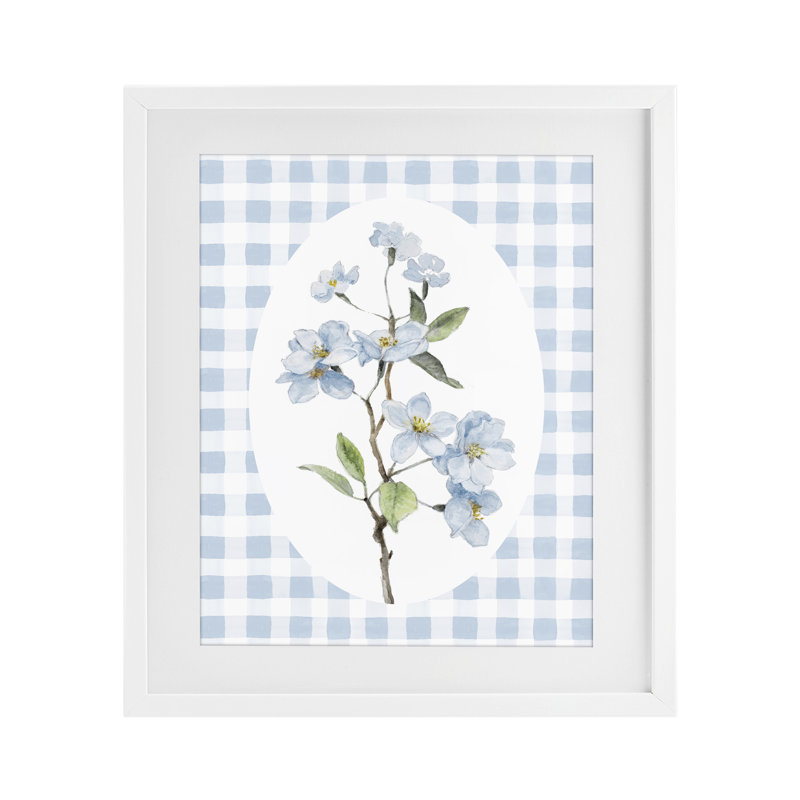 «Blooms on Blue Checkers», reproduction encadrée sous verre, conception de Lanie Loreth, Cadre blanc côtier