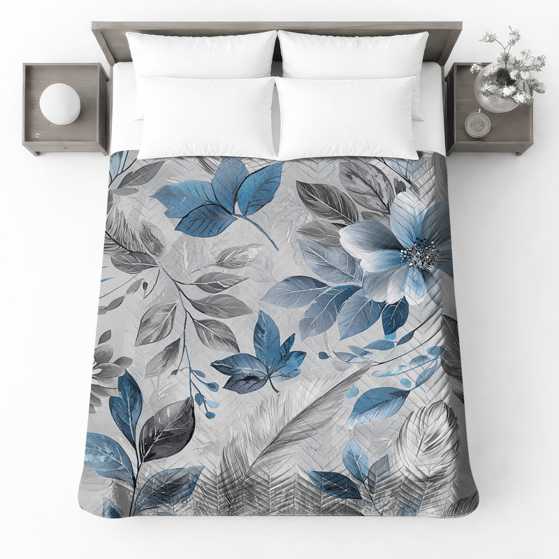 Couvre-lit matelassé à motif floral bleu gris, Double
