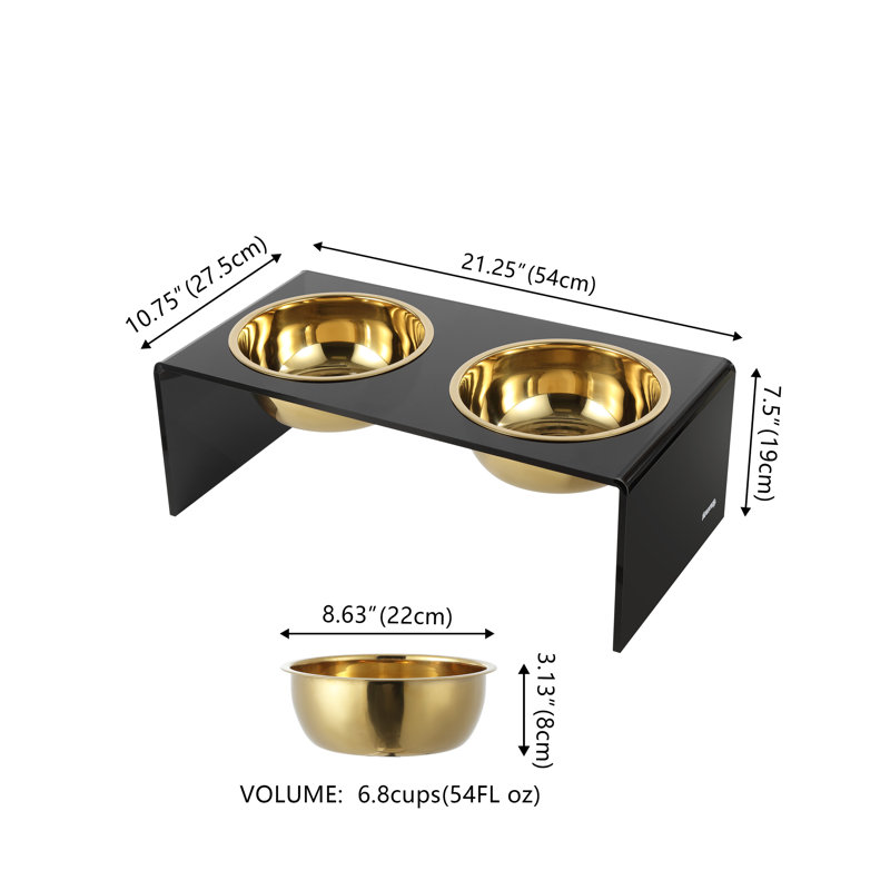 Keaton 7.5" Black and Gold Modern Elevated Pet Feeder with Stainless Steel Bowls