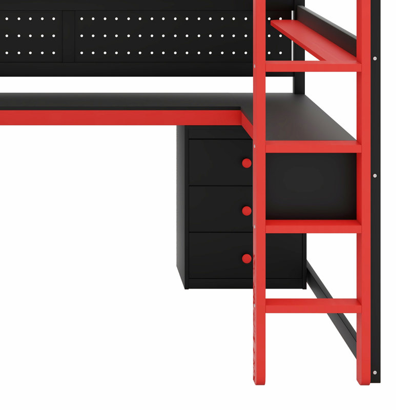 Lit mezzanine pratique - escalier de rangement, bureau intégré, tablettes et panneau perforé, Lit double, Noir / Rouge