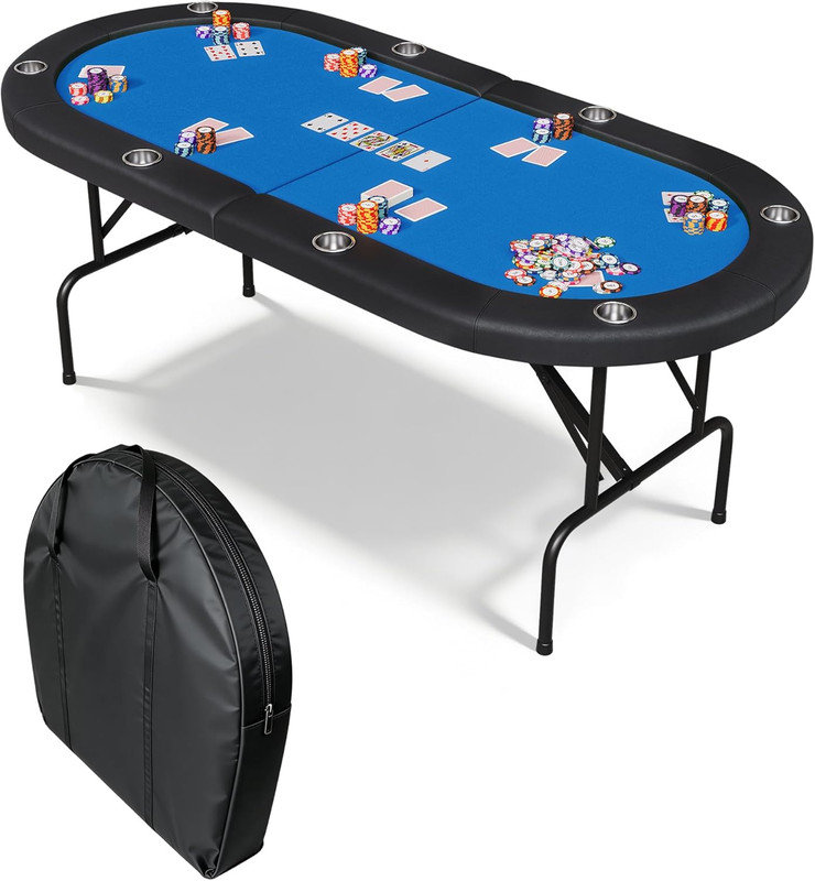 Table de poker pliable 8 joueurs, table de jeu 72 po avec rails rembourrés, porte-gobelets et sac de rangement, Bleu / Noir