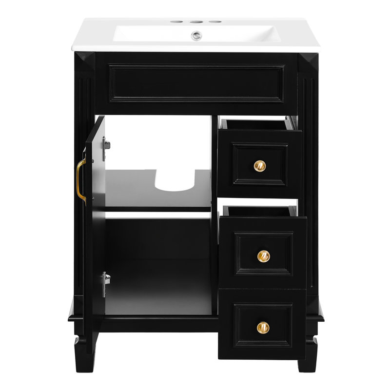 Meuble-lavabo moderne de 24 pouces avec lavabo en céramique, 2 tiroirs et tablette réglable, Black
