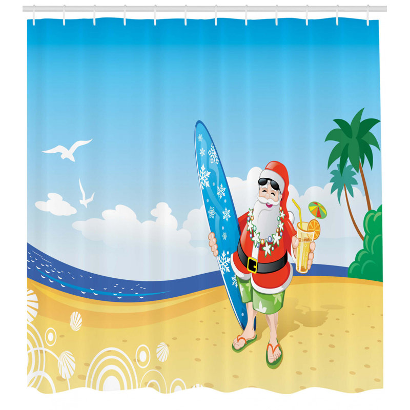 Rideau de douche et crochets de noël santa on beach surf, H 75 po x l 69 po