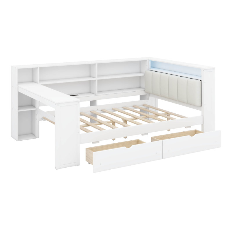 Corner Bed Frame With Storage Shelves, Daybed With Drawers, Charging Station And LED Light, White/Beige, Full
