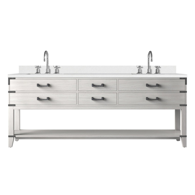 Meuble-lavabo double en chêne blanc 84 po X P 22 po D, dessus en quartz blanc et ensemble de robinet, White Oak/White/Black