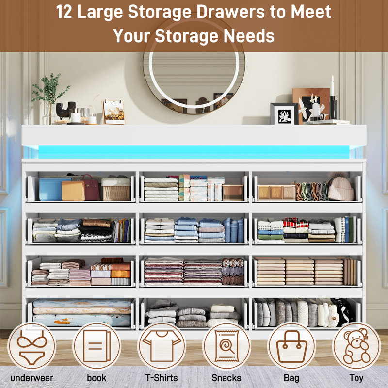 70" Wide 12-Drawer Storage Dresser With Led Lighting & Built-In Charging Ports, Tall Modern Cabinet For Bedroom, Closet, Entryway Or Living Room Organization