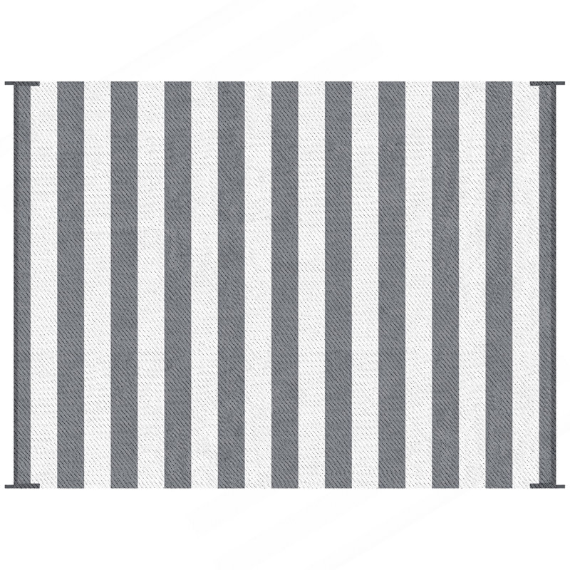 Outsunny Reversible Outdoor Rug, 9' X 12' Waterproof Plastic Straw Floor Mat, Portable RV Camping Carpet With Carry Bag, Large Floor Mat For Backyard, Deck, Picnic, Beach, Gray & White Striped