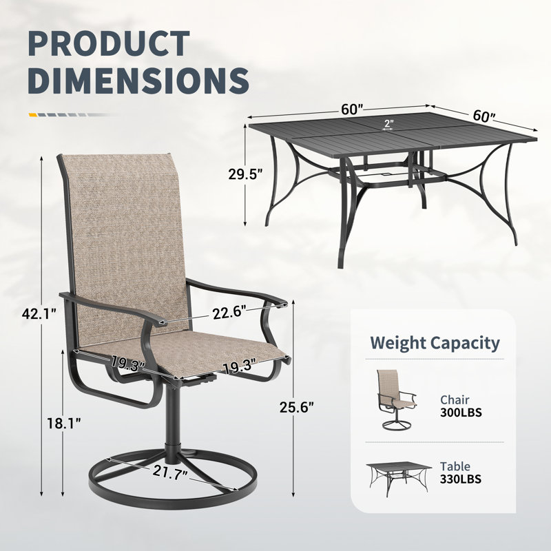 8-Person Patio Dining Set With Umbrella Hole, 360 degree Swivel Armchairs With Textilene Fabric, 9 Pieces: Table, 8 Chairs