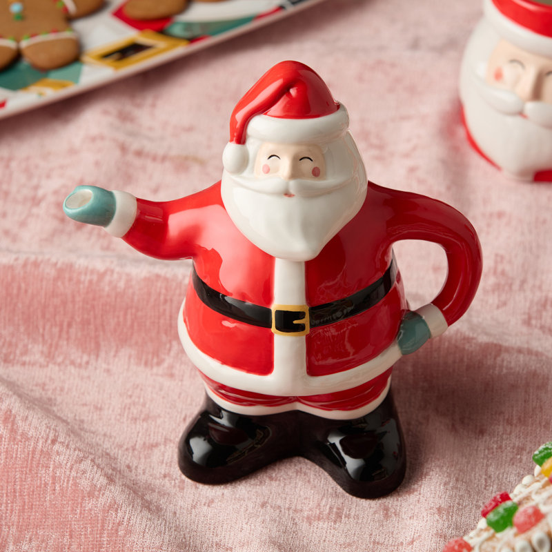 Théière 3D Christmas Whimsy Santa, théière de Noël en céramique sculptée de 24 oz avec costume rouge et mitaine ondulée, service de Noël festif pour le cacao ou le thé, décoration de cuisine des Fêtes ou idée de cadeau