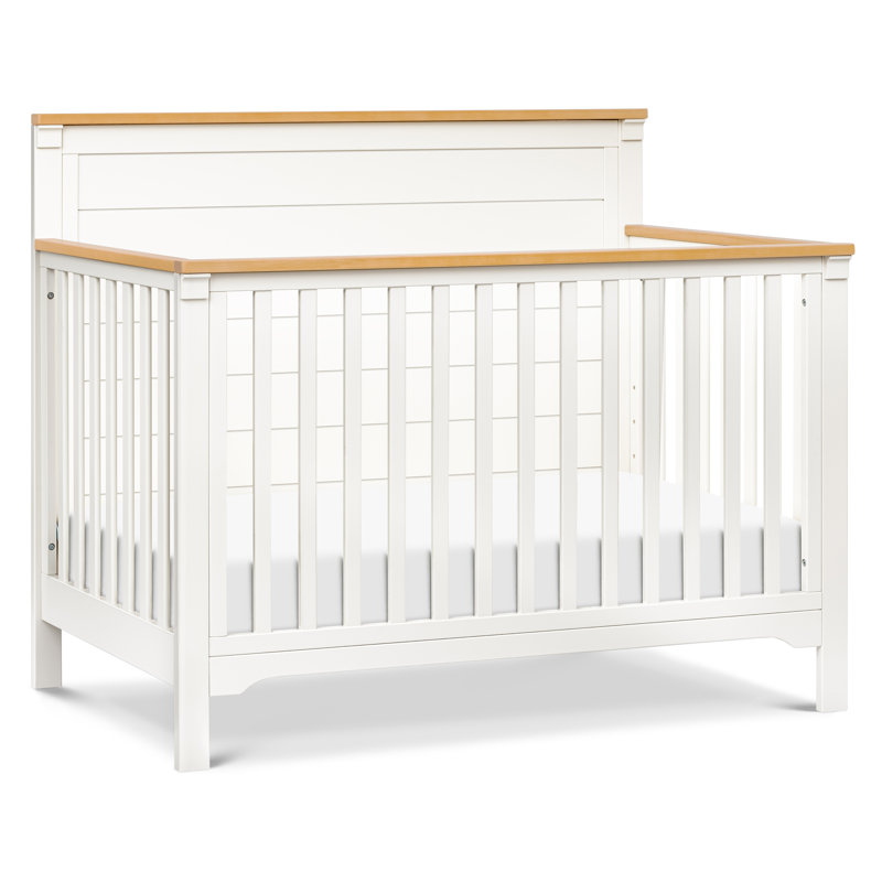 Warm White and Honey 4-in-1 Convertible Crib with Wood Paneling