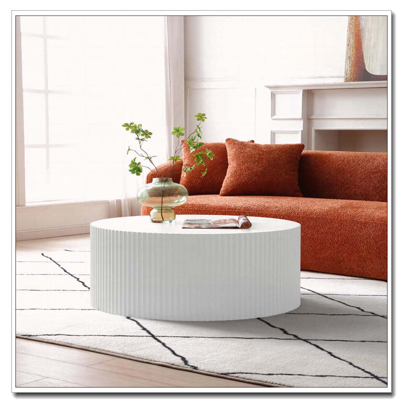 Round Coffee Table with Handcrafted Relief, White