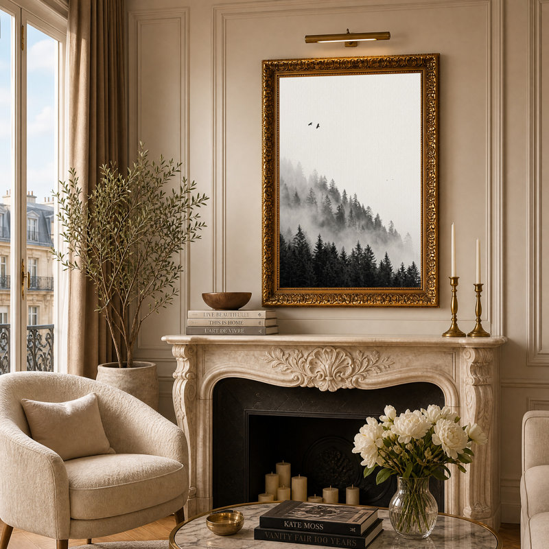 Art mural noir et blanc forêt brumeuse avec oiseaux, H 24 po x l 16 po
