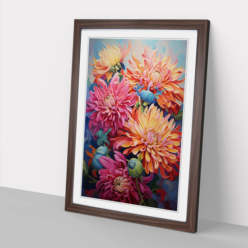 Chrysanthemums Contemporary - Single Picture Frame Print on Wood, 34cm H x 25cm W x 2cm D, Walnut Framed
