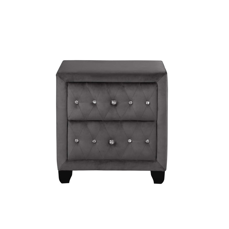 Modern Style Crystal Tufted 2-Drawer Nightstand Upholstered with Velvet Fabric Made with Wood in Gray