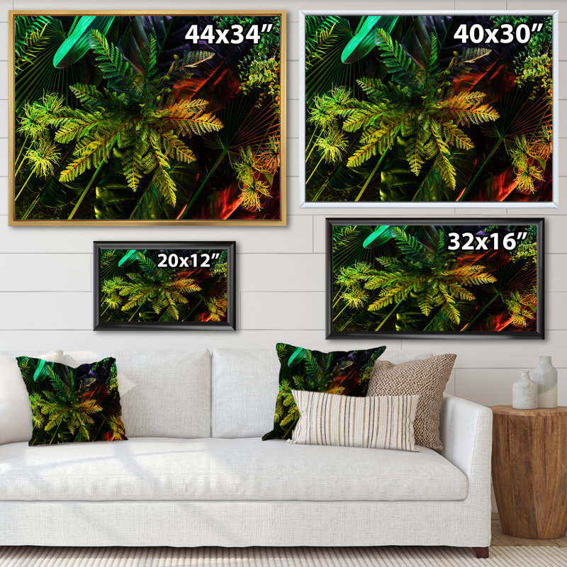 Feuilles tropicales ton sur ton noir - photographie sur toile, H 24 po x l 32 po, Cadre flottant en érable