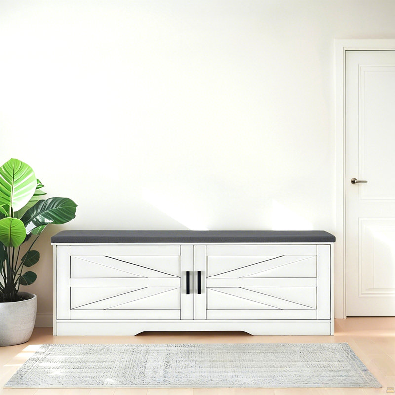 2-Tier Storage Bench, Farmhouse Shoe Bench With Padded Seat Cushion, Entryway Bench With 2 Barn Doors & 2 Adjustable Shelves, 13.75" D X 39.4" W X 17.72" H, For Entryway, Bedroom, Living Room, White
