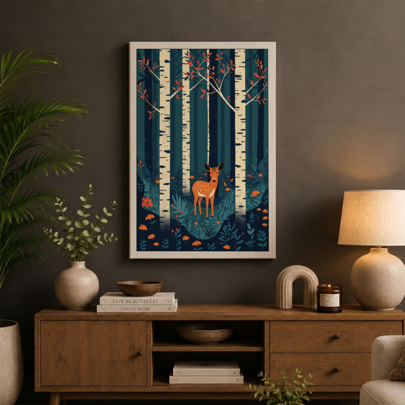 Deer in Birchwood Scandinavian - Wrapped Canvas, 36x24 - 91.4 x 61.0 cm, Sage Border