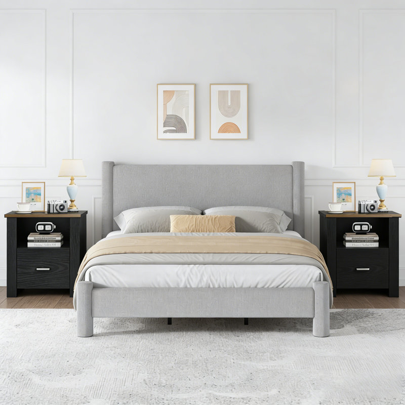 Ensemble de lit plateforme tapissier 2 pièces Boucle, Gris, Double