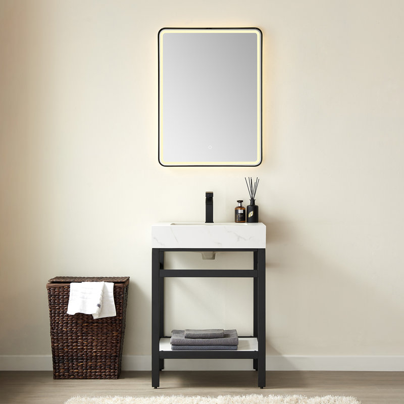 Ensemble de meuble-lavabo simple 24 po Funes, Or brossé, Or brossé, Dalle de pierre calcaire