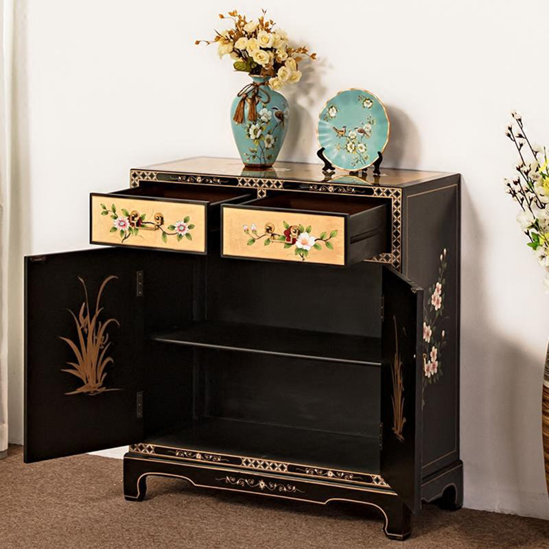 New Chinese Gold Leaf Painted Shoe Cabinet 6 Pair Shoe Storage Cabinet