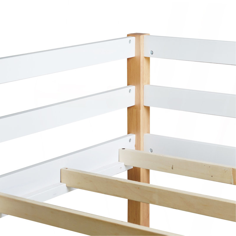 Solid Wooden, Rubber Wooden Twin Loft Bed With Ladder, Bed Platform Of Strengthened Slats,Natural-White, Twin, Natural/White