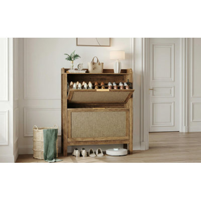 Armoire à chaussures en rotin Farmhouse, rangement pour chaussures étroit de 32 pouces avec 2 tiroirs rabattables