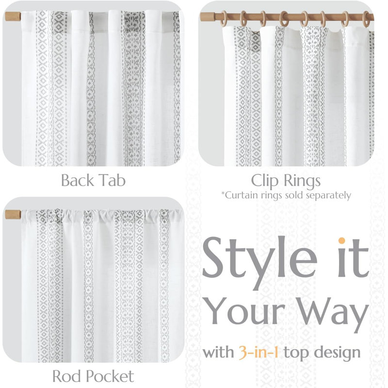 Rideaux en lin à passe-tringle Boho, Gris, L 50 po x L 63 po