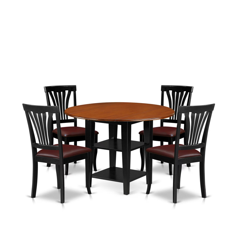 L'ensemble de table de salle à manger 5 pièces pour 4 personnes comprend une table de cuisine ronde avec Dropleaf et des tablettes et 4 chaises de salle à manger en similicuir de 42 po x 42 po, noir et cerise