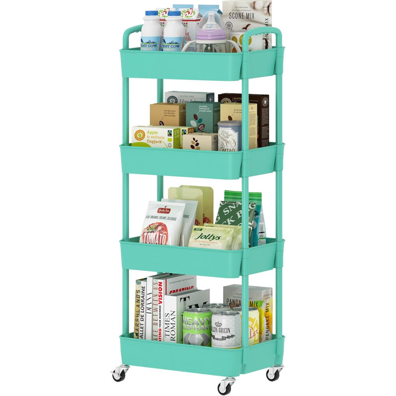 4-Tier Plastic Rolling Utility Cart with Handle, Multi-Functional Storage Trolley, Living Room, Kitchen, Movable Storage Organizer with Wheels