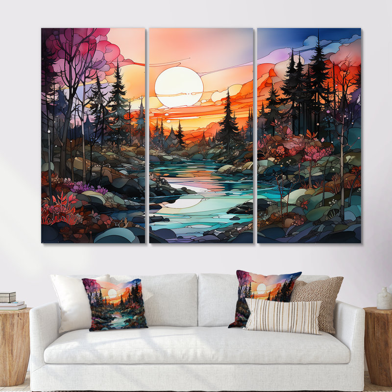 Rivière, rivière, forêt, lever de soleil - ensemble d'art mural forêt, Toile tendue, H 40 po x l 60 po x P 1 po
