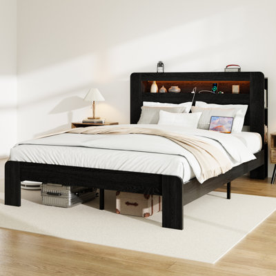 Bed Frame For Queen Size, Wood Platform, Led , 2 Standard Plug Outlets, Slats, No Box Spring, Dark Black, Easy Assembly, Structure, Support Size Frame, Storage Headboard, , Cable Management, Noise ,