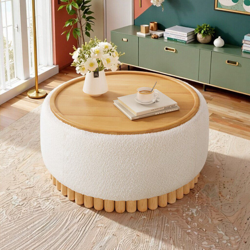 Repose-pieds rond 29 po avec pieds en bois, couvercle réversible et compartiment caché, aucun assemblage requis