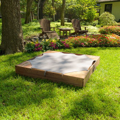 Wooden Backyard Sandbox with Built-in Corner Seating and Mesh Cover, Espresso