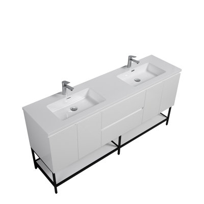 Paza 72 po L x 19 po P 4 portes et 2 tiroirs Meuble-lavabo autoportant avec évier double et Comptoir en Polymarbre blanc