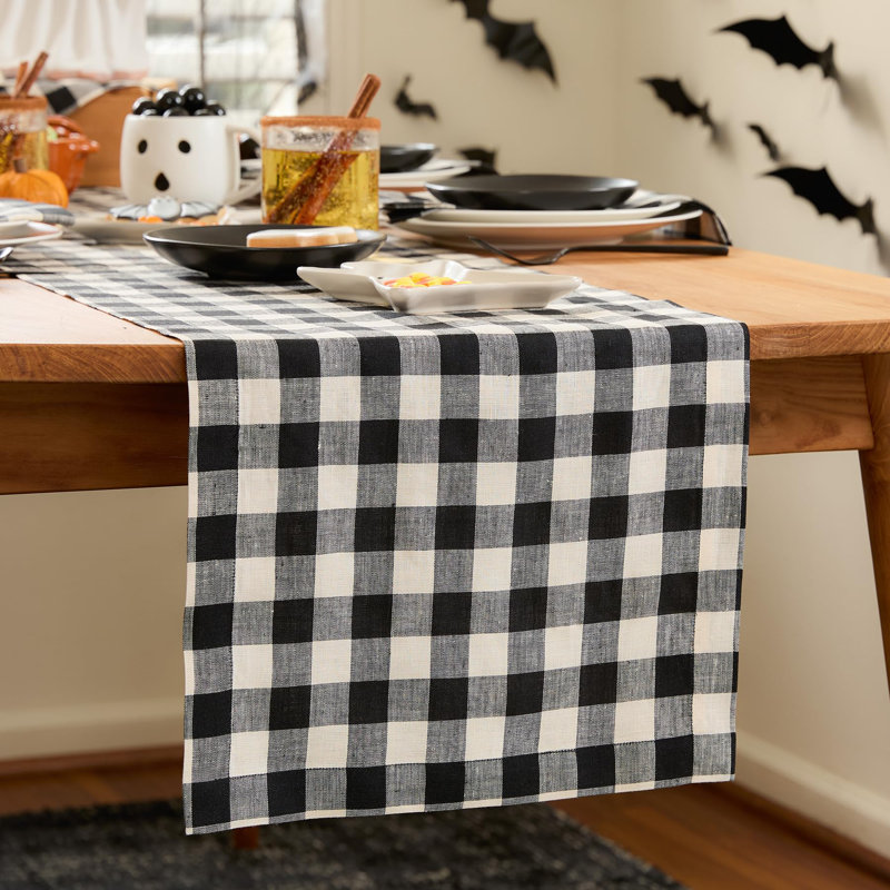Morgan Check - 100% Pure Linen Table Runner, 36" x 14", Black/Cream