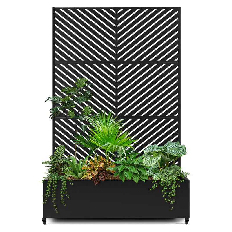 Metal Planter Wall with Trellis and Wheels, Mobile Outdoor Elevated Garden Bed, Dual-Purpose for Privacy Decoration and Planting, with Drainage Holes, Perfect for Climbing Plants, Vegetables, and Vining Flowers – A Must-Have for Garden Enthusiasts