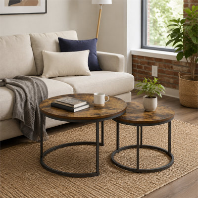 Ensemble de 2 tables basses gigognes, table basse ronde de 27,6 pouces avec finition en bois industriel avec structure en métal robuste, tables d'appoint de table de bout pour le salon, la chambre et le balcon (brun rustique)
