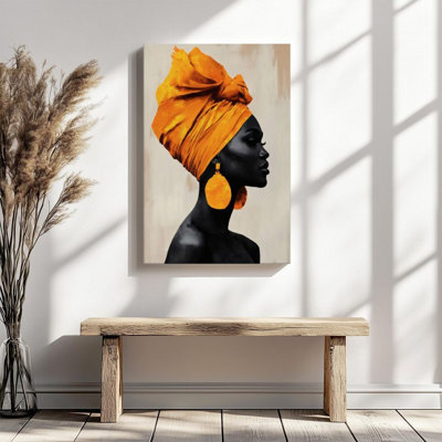 1Pc Framed Canvas Poster Print African Woman Portrait, Orange Headscarf and Earrings, Realistic Art Style Wall Art Decor, Perfect for Room Decor Living Room Bedroom Office Kitchen Bathroom Home Decor, Ideal Home Wall Decoration Gift