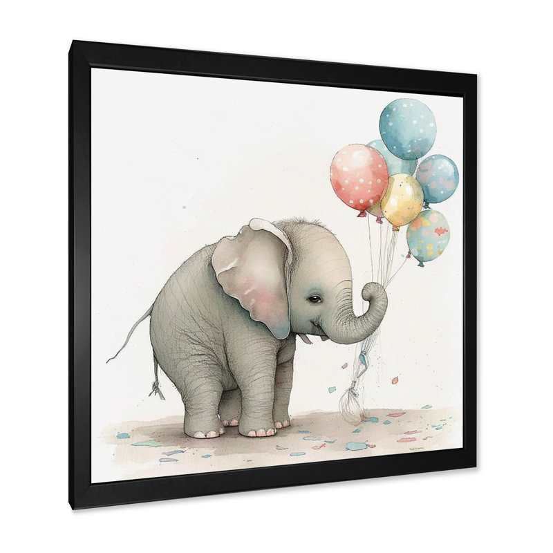 Nursery Adorable Elephant - reproduction sur toile, H 36 po x l 36 po x P 1,5 po, Cadre simple noir
