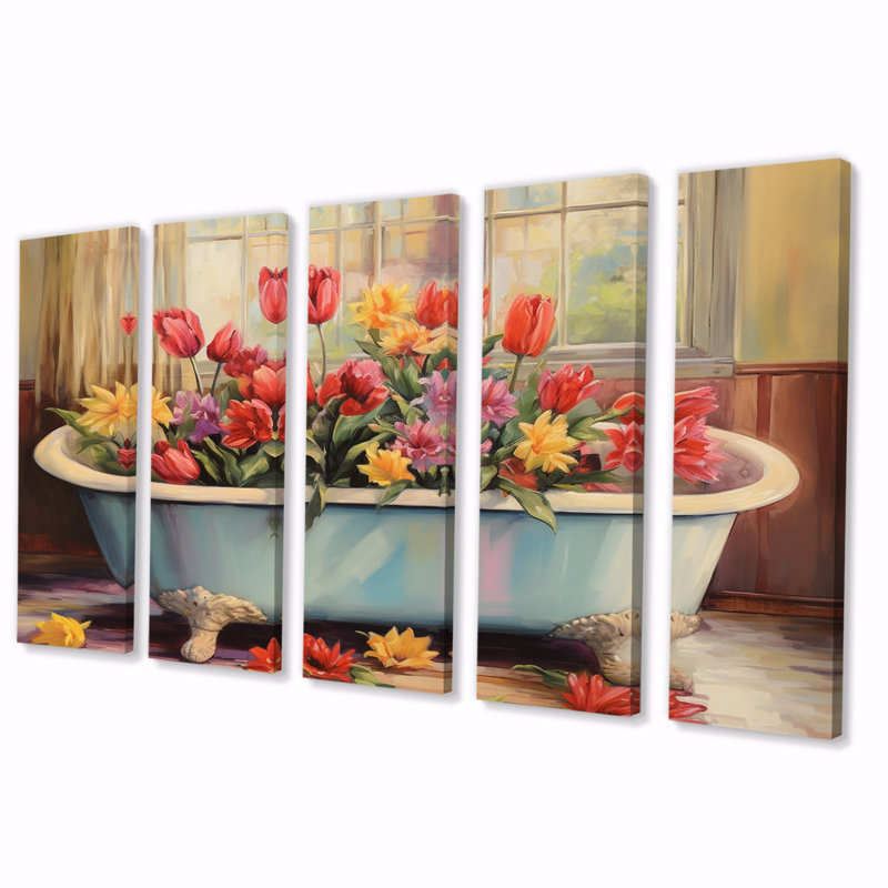 Baignoire avec floraison de tulipes rouges - impression d'art mural tulipe - 5 panneaux égaux