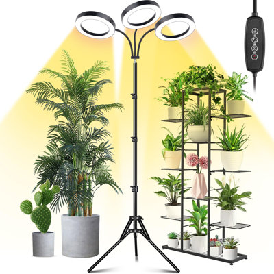 Grow Light For Indoor Plants, 7.9" Diameter Tri-Head Plant Light For Plants Growing, Full Spectrum Growth Lamp With Auto Timer 3/6/12H, 4 Dimmable Levels, 3 Lighting Modes, Adjustable Stand