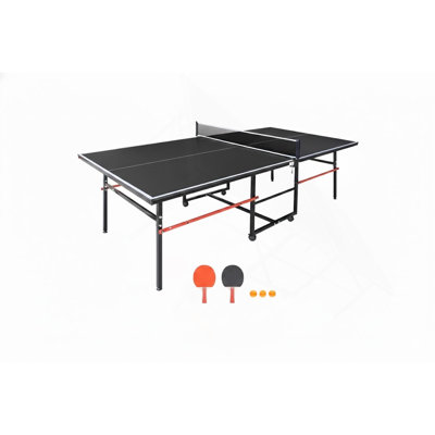 8Ft Blue Mid-Size Table Tennis Table Foldable & Portable Ping Pong Table Set For Indoor Games With Net, 2 Table Tennis Paddles And 3 Balls
