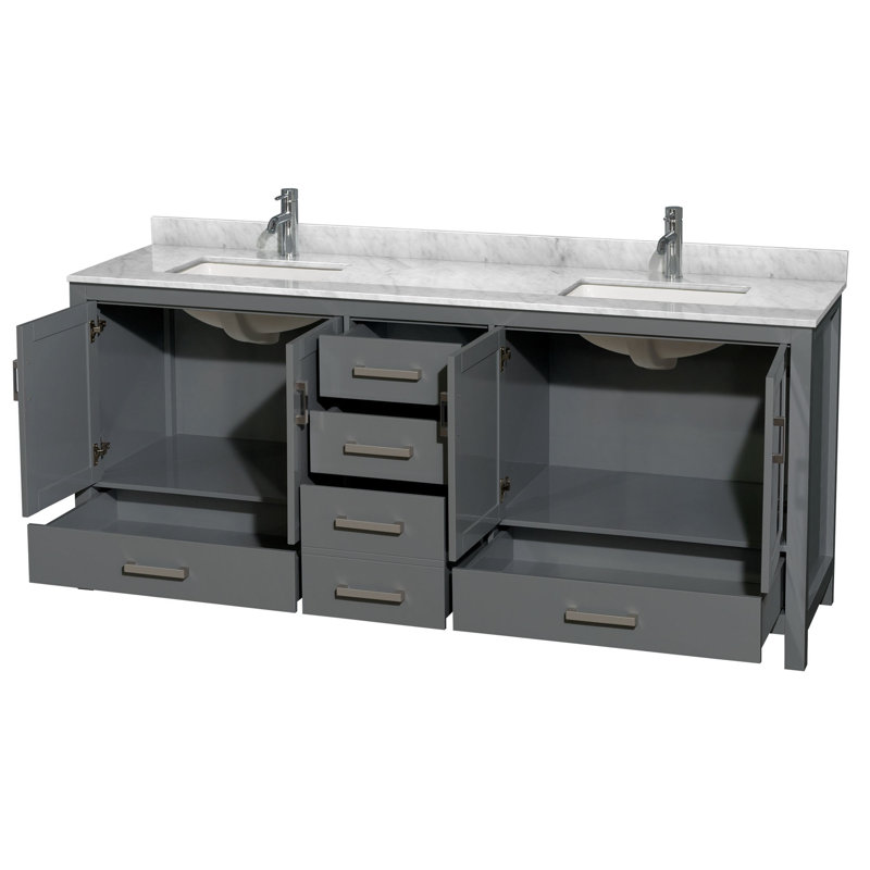 Meuble-lavabo double autoportant avec plateau en marbre Sheffield, Marbre de Carrare blanc, Gris foncé