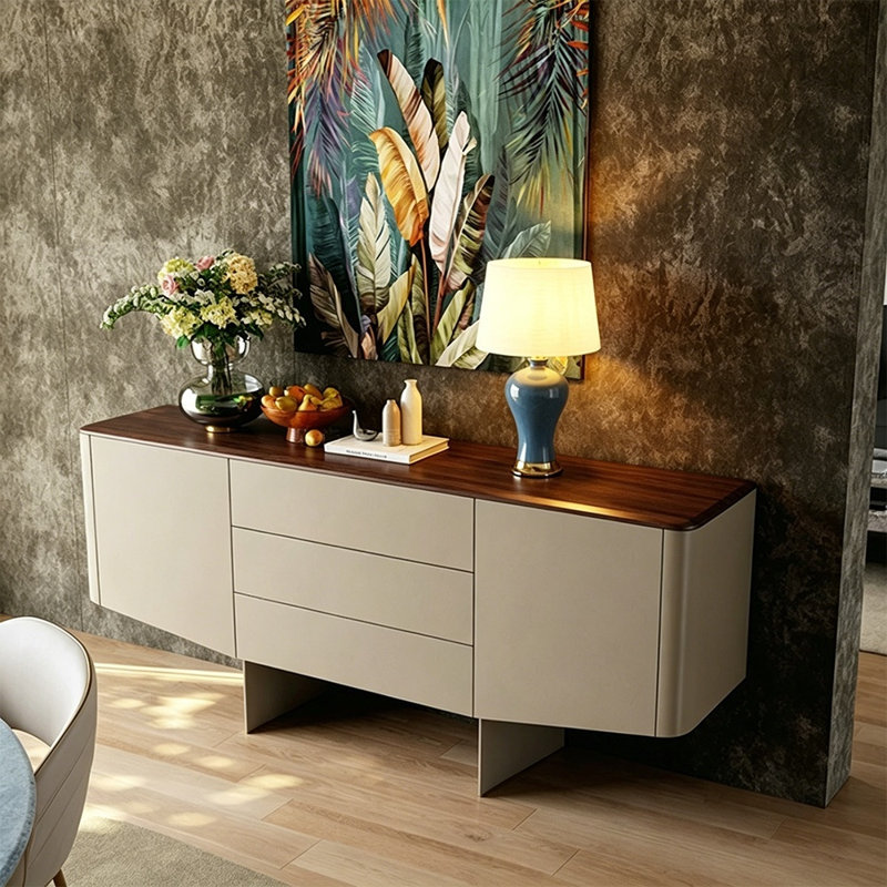 Armoire d'appoint de style italien de luxe, 35.43" H x 78.74" W x 17.72" D, Beige/Walnut